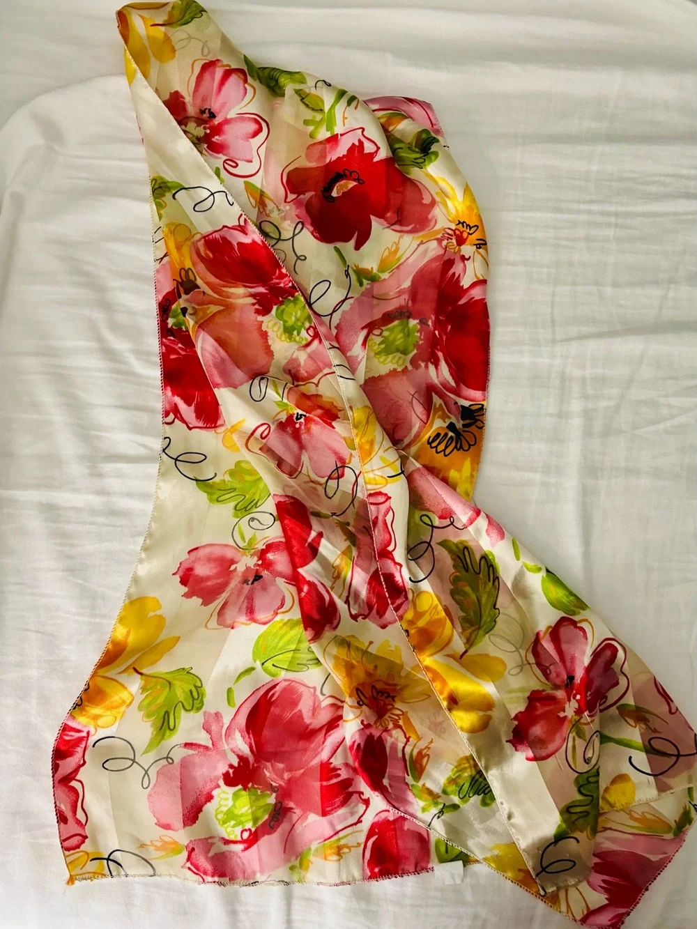 Vintage Floral Print Scarf in Red, Yellow & Green. Made in Korea. Polyester